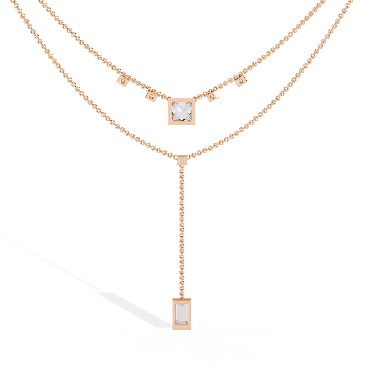 Two Layered Princess and Baguette Moissanite Diamond Lariat Necklace - View 8