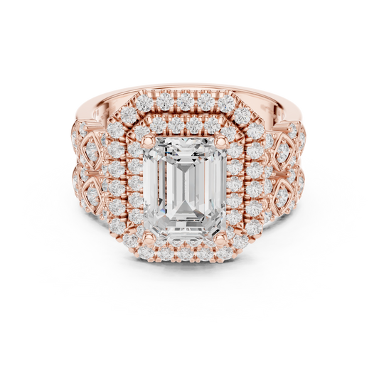 Emerald Cut Lab Diamond Halo Ring with Double Pave Setting - View 2