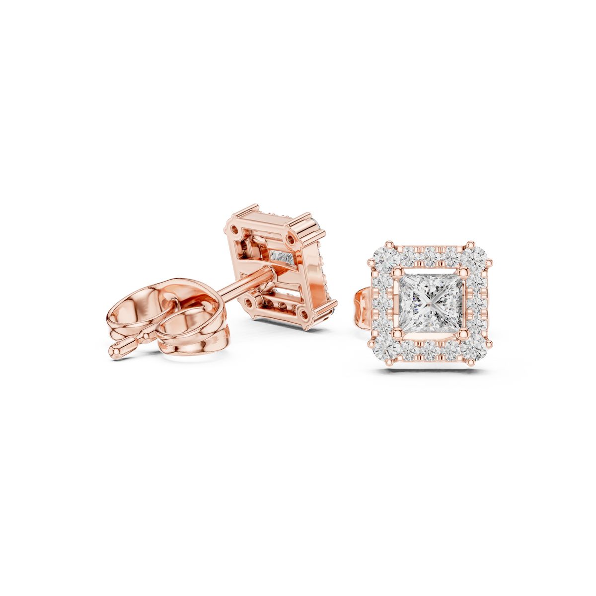 Princess Cut Moissanite Diamond Square Halo Stud Earring - View 8