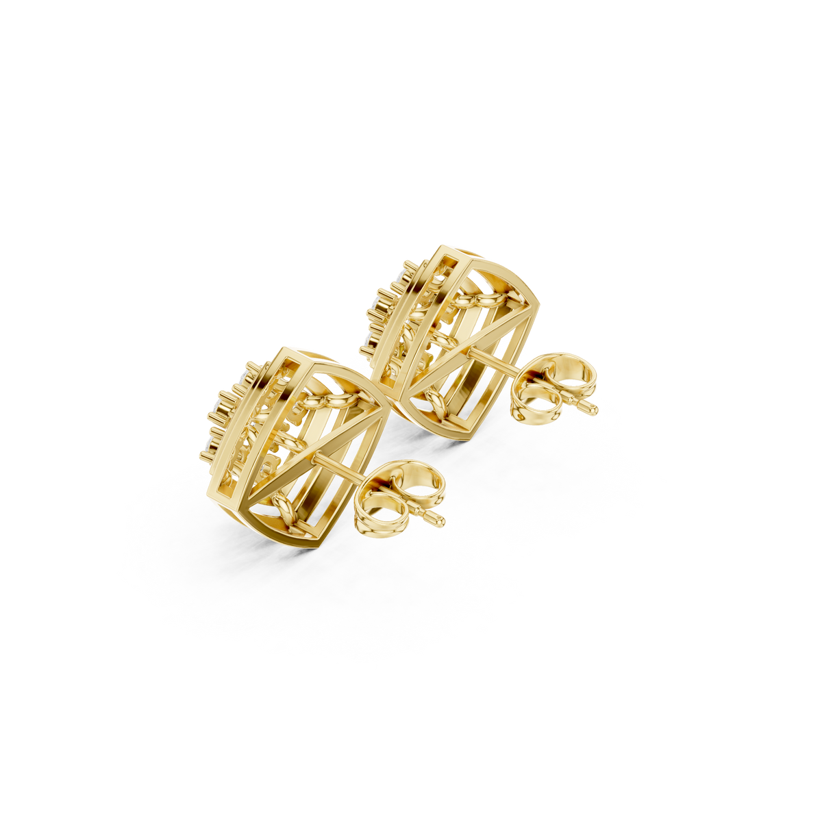 Geometric Cage Round Brilliant Cut Lab Diamond Stud Earrings With Openwork Frame - View 10