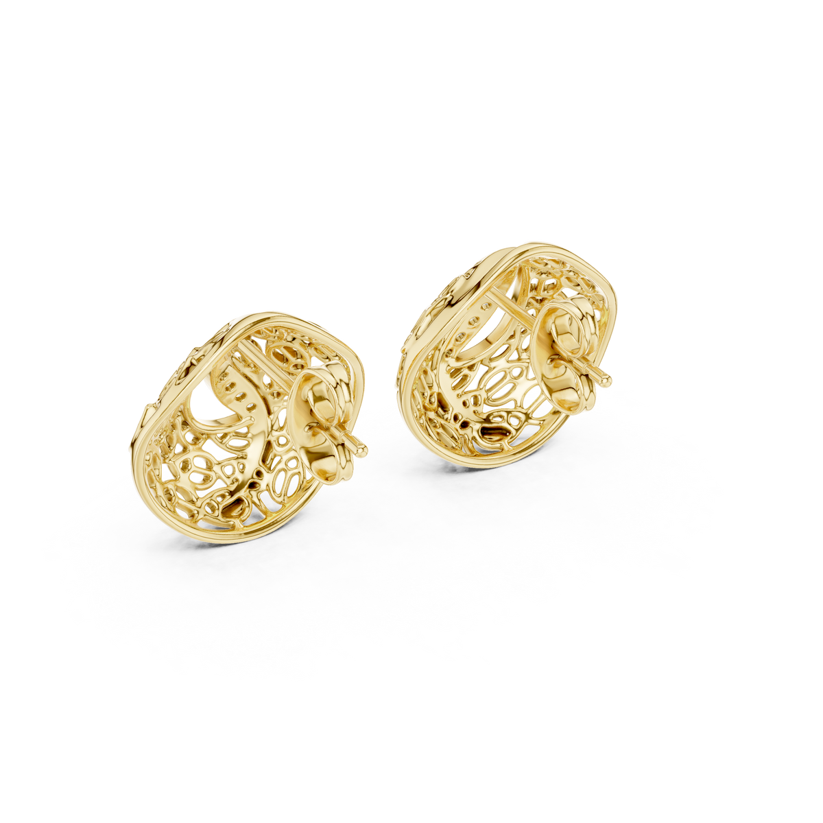 Artisan Filigree Wave Round Lab Diamond Stud Earrings with Curved Pave Accent - View 11