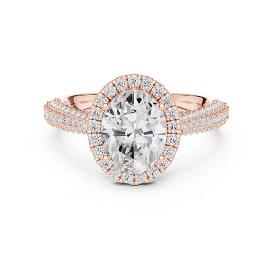 Oval Cut Halo Lab Grown Diamond with Triple Pave Band Ring - View 2