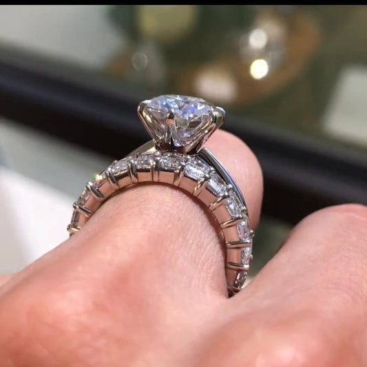 Round Cut Moissanite Diamond Women's Baguette Accent Matching Eternity Band Set - View 2