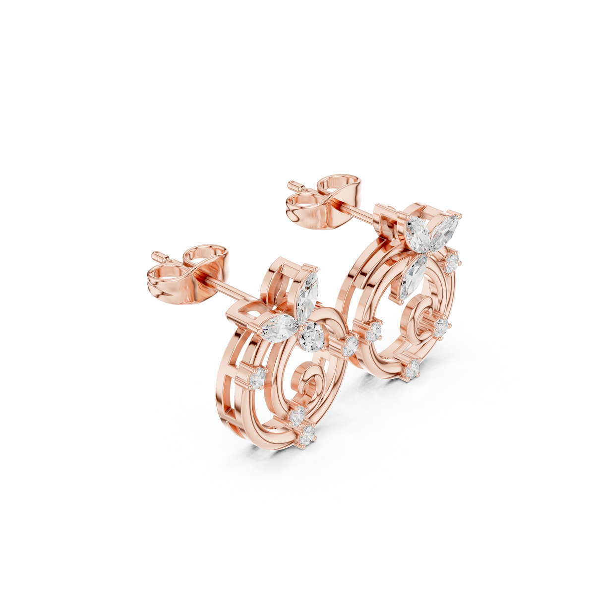 Classic Marquise Cut Moissanite Diamond Elegant Spiral Earrings With Round Diamond Leaf Accents - View 3