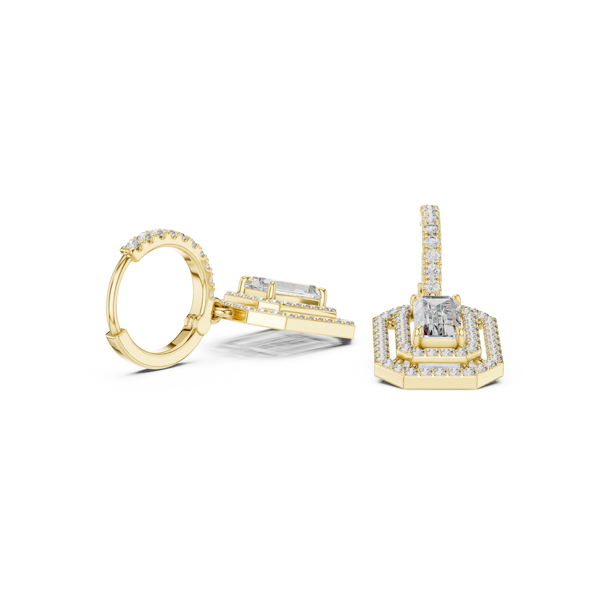Art Deco Octagonal Double Halo Emerald Cut Lab Grown Diamond Huggie Drop Earrings - View 7