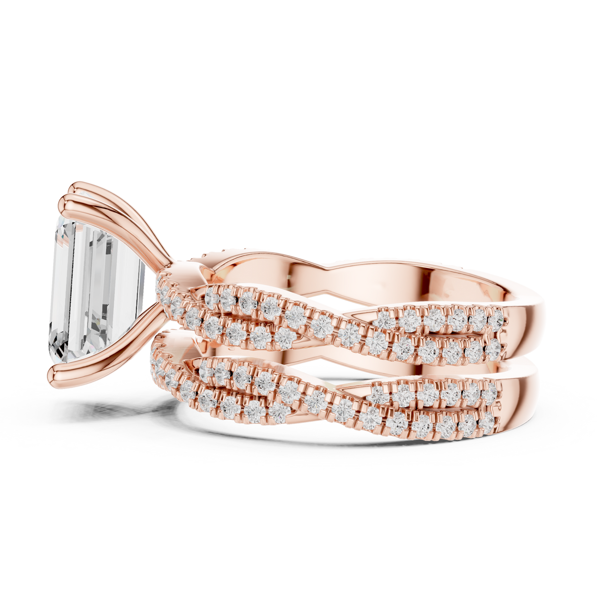 Emerald Cut Lab Grown Diamond Women's Crisscross Split Band Gold Ring - View 8