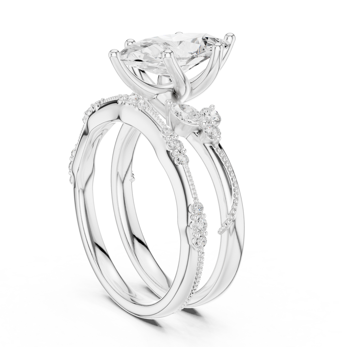 Marquise Cut Lab Diamond Women's Vintage Cluster Bridal Ring Set - View 15