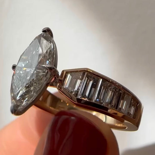 Marquise Cut Moissanite Diamond Engagement Ring With Channel Set Baguette Band - View 2