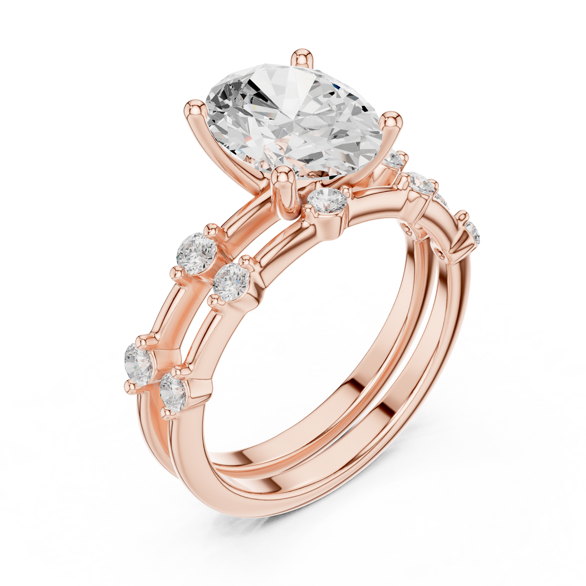 Handcrafted Oval Cut Lab Diamond Split Shank Ring with Diamond Accents - View 5