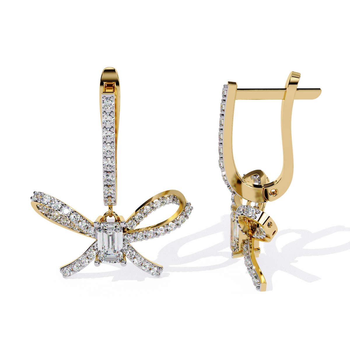 Exquisite Lab Diamond Bow Earrings with Emerald Cut Centerpiece & Pavé Ribbon Detailing - View 6