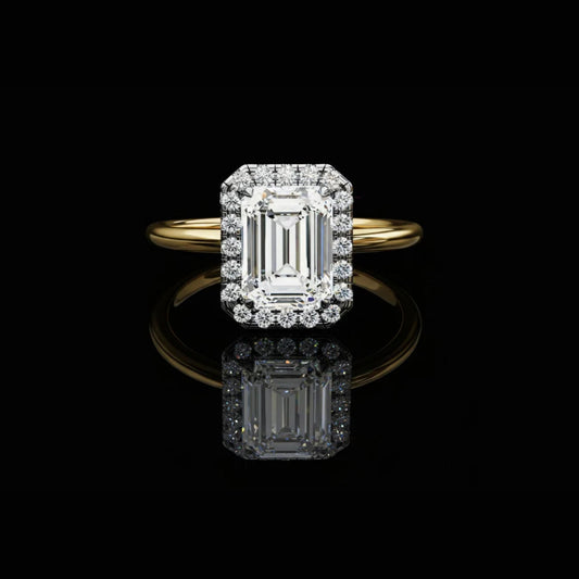 Emerald Cut Halo Moissanite Diamond Ring with Cathedral Setting