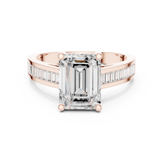 Emerald Cut Lab Diamond Ring With Baguette Channel Side Band - View 2