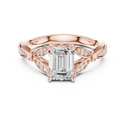 Emerald Cut Moissanite Diamond Ring with Intricate Leaf Motif Band - View 2