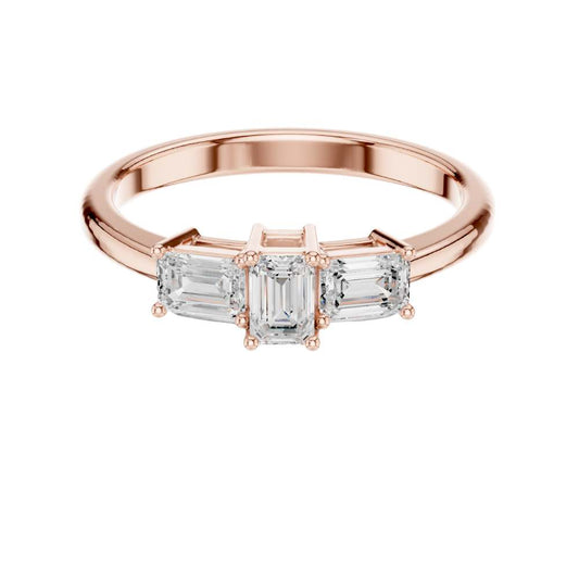 Emerald Cut Three Stone Moissanite Diamond Ring with Baguette Side Stones - View 2