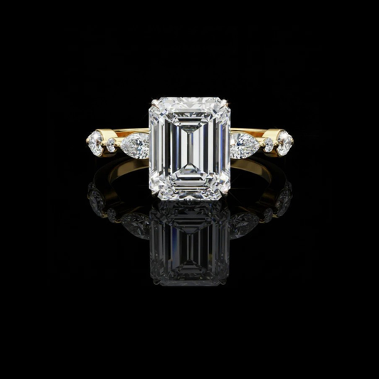 Emerald Lab Diamond Engagement Ring With Marquise And Round Side Stones
