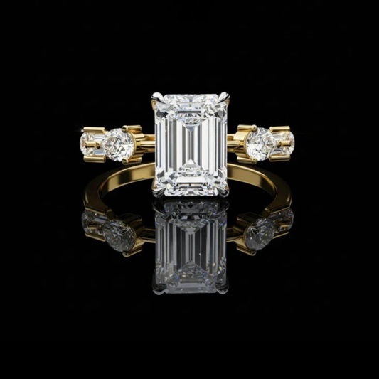 Emerald Cut Moissanite Diamond Anniversary Ring With Pave Wedding Band