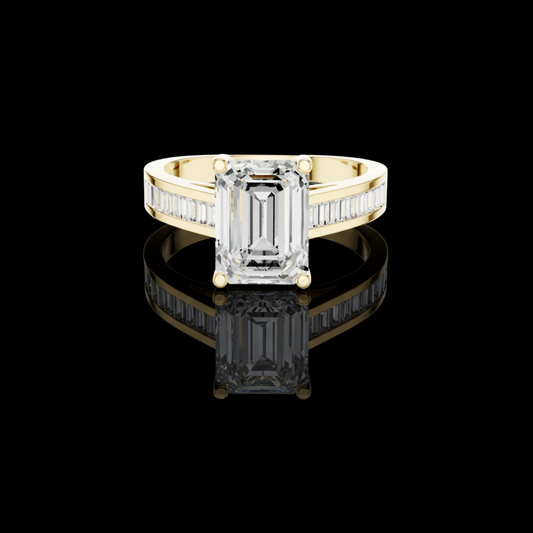 Emerald Cut Lab Diamond Ring With Baguette Channel Side Band