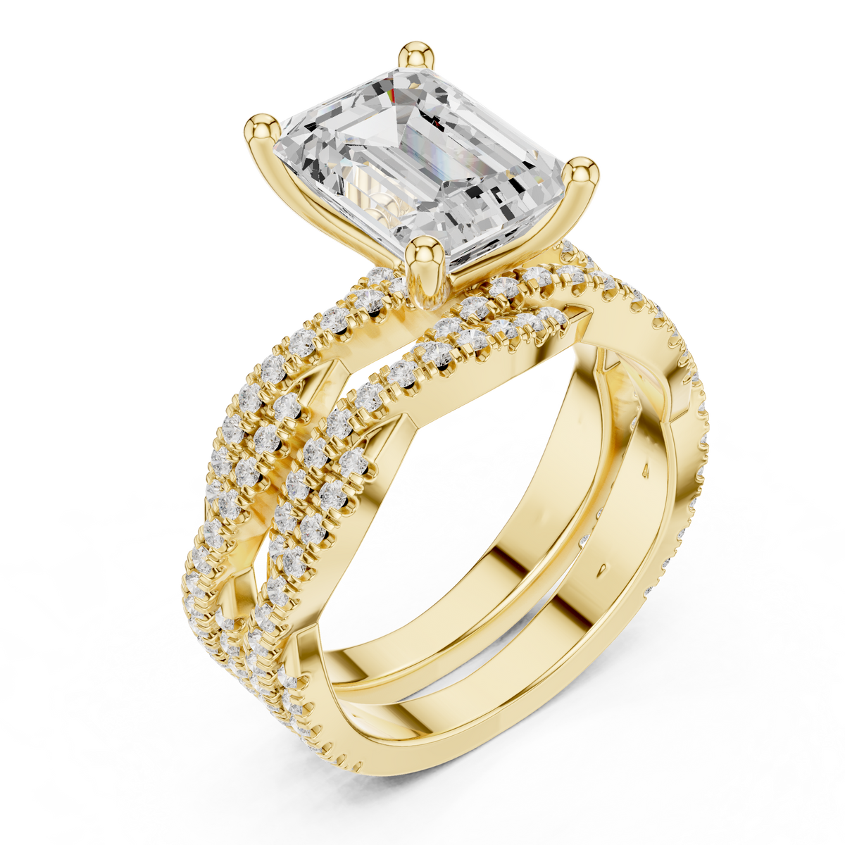 Emerald Cut Lab Grown Diamond Women's Crisscross Split Band Gold Ring - View 4
