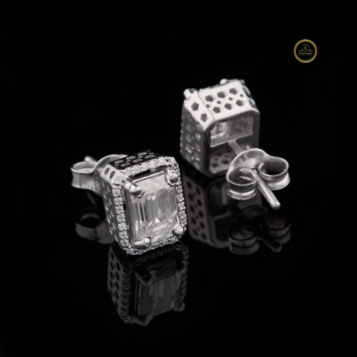 Luxurious Emerald Cut Lab Diamond Halo Stud Earring in White Gold - View 3