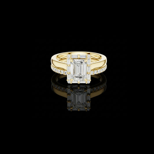 Emerald Cut Three Stone Moissanite Diamond with Baguette Cut Ring