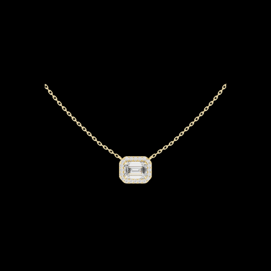 Emerald Cut Halo Pendant with Round Moissanite Diamonds