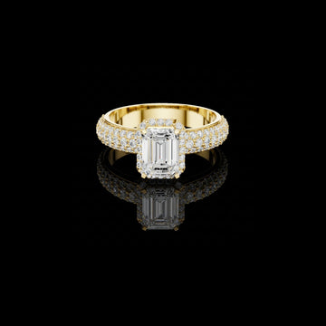 Emerald Cut Hidden Halo Lab Grown Diamond Ring with Wide Pave Band