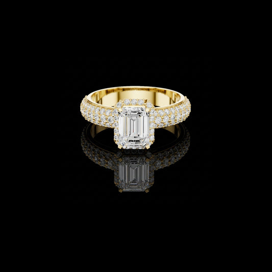 Emerald Cut Hidden Halo Moissanite Diamond Ring with Wide Pave Band