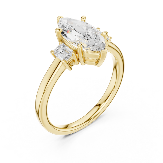Marquise Engagement Three Stone Ring with Moissanite Diamond Emerald Side Stone - View 2