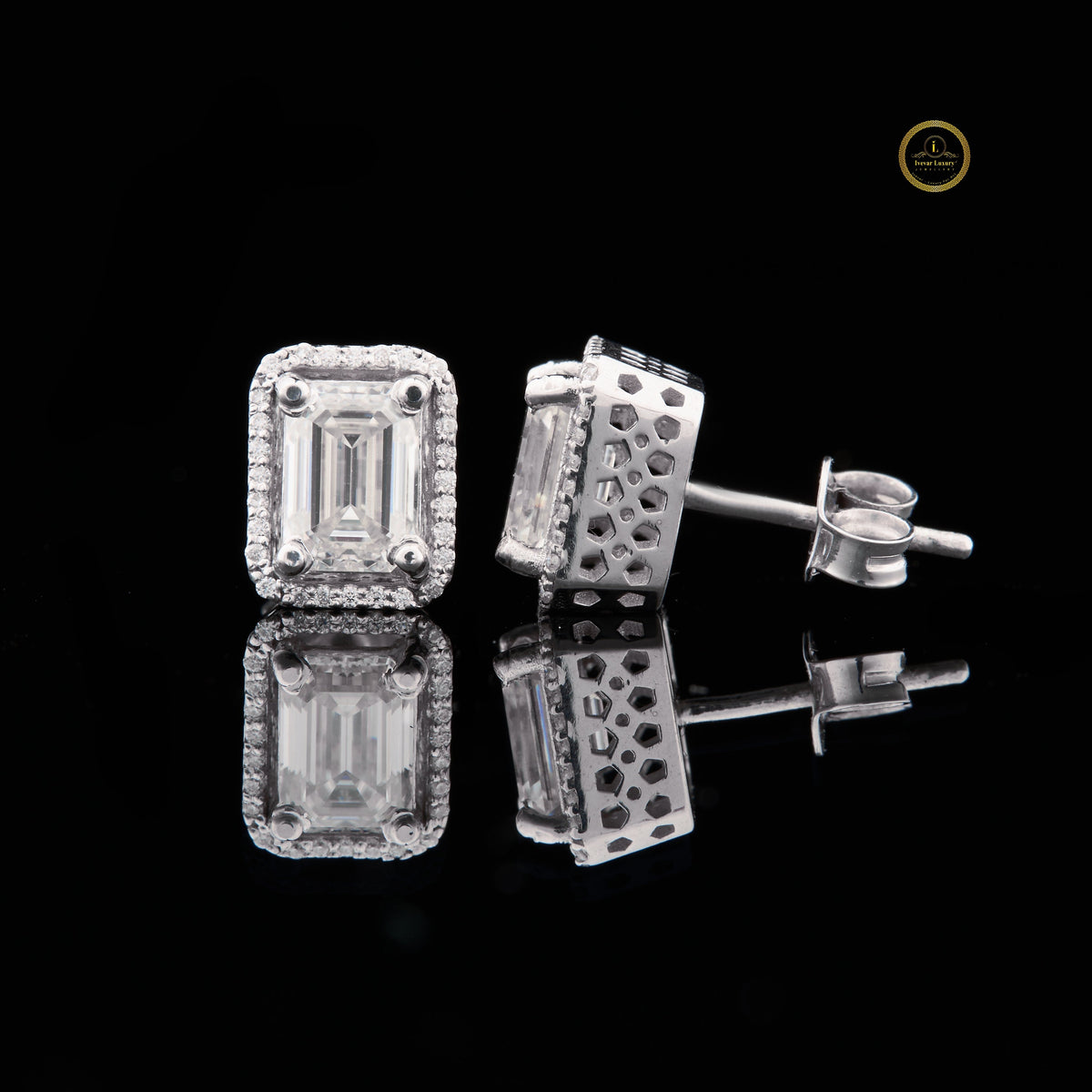Luxurious Emerald Cut Lab Diamond Halo Stud Earring in White Gold - View 2