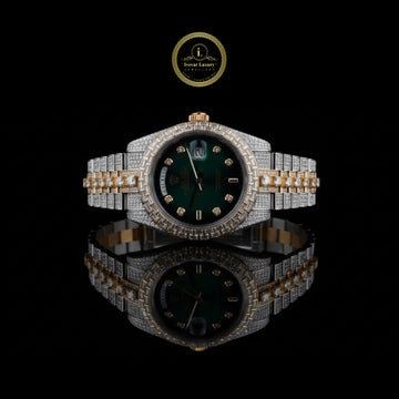 Prestige Emerald Green Dial Moissanite Diamond-Studded Two-Tone Gold and Silver Luxury Watch with Baguette Bezel and Date Display
