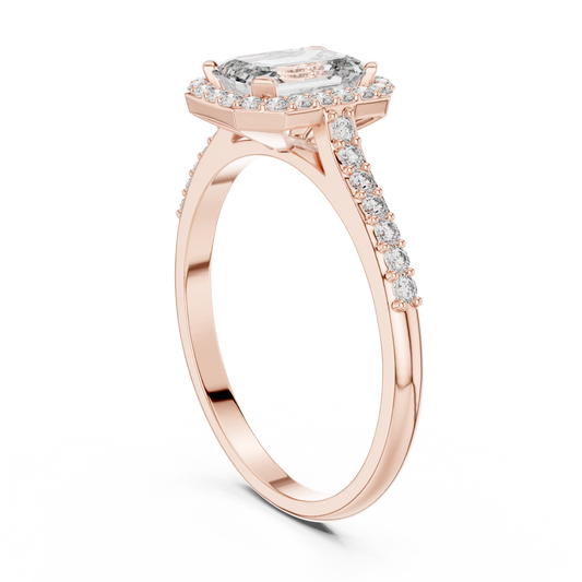 Emerald Cut Lab Diamond with Halo and Pave Band Ring - View 2