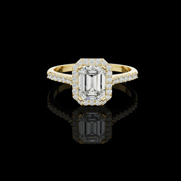 Emerald Cut Lab Diamond with Halo and Pave Band Ring