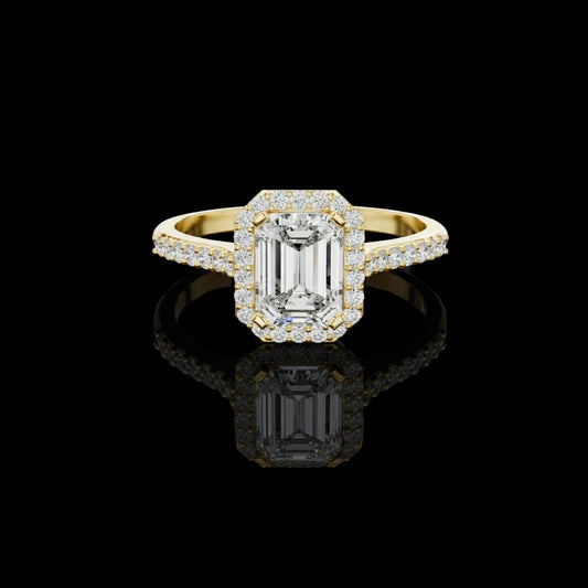 Emerald Cut Lab Diamond with Halo and Pave Band Ring