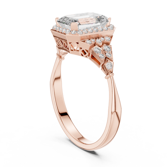 Emerald Cut Lab Diamond Halo Engagement Ring With Filigree - View 2