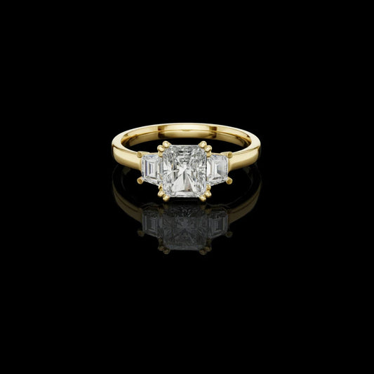 Radiant Cut Moissanite Diamond Ring With Emerald Side Stone