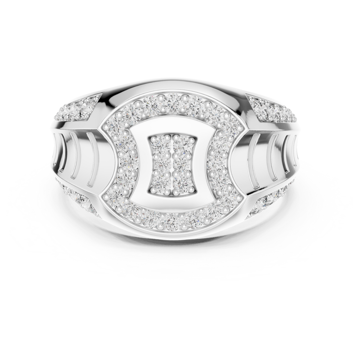 Round Cut Lab Grown Diamond Men's Geometric Double Pave Crest Engagement Ring - View 3