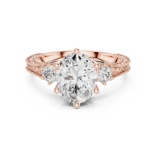 Vintage Engraved Oval Cut Moissanite Diamond Ring with Round Side Stones - View 2