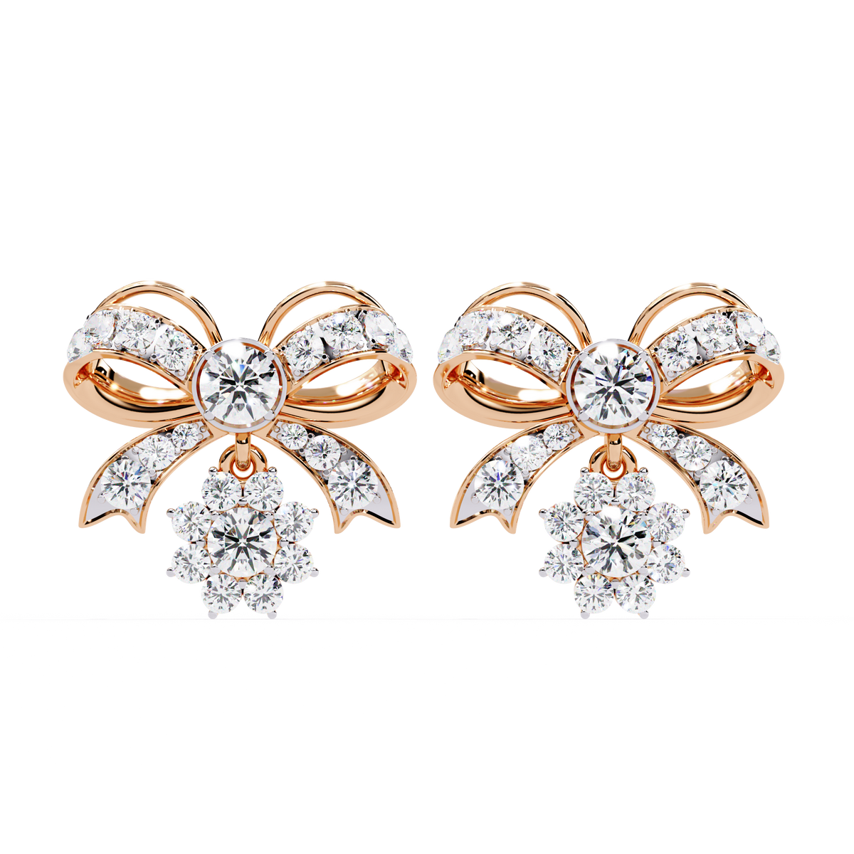 Unique Moissanite Round Diamond Bow Drop Earrings with Dazzling Pave Detailing and Sparkling Floral Charm - View 2