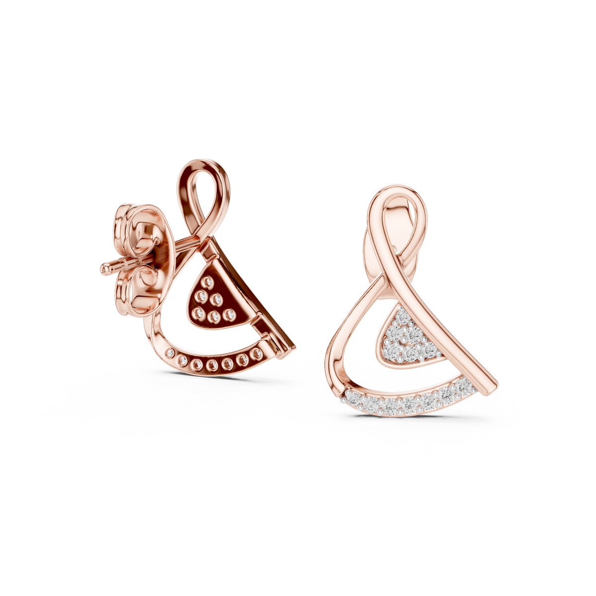 Modern Infinity Loop Round Moissanite Diamond Stud Earrings with Curved Pave Arc - View 9