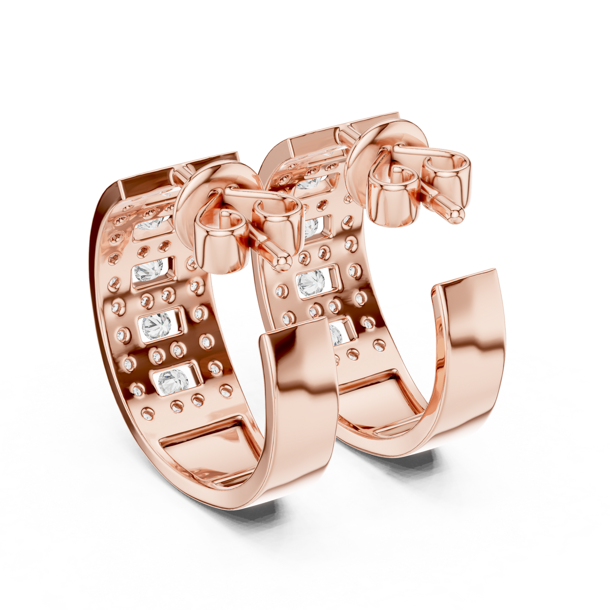 Round Lab Diamond Geometric Grid C Hoop Earrings with Micro Pavé Rows - View 11