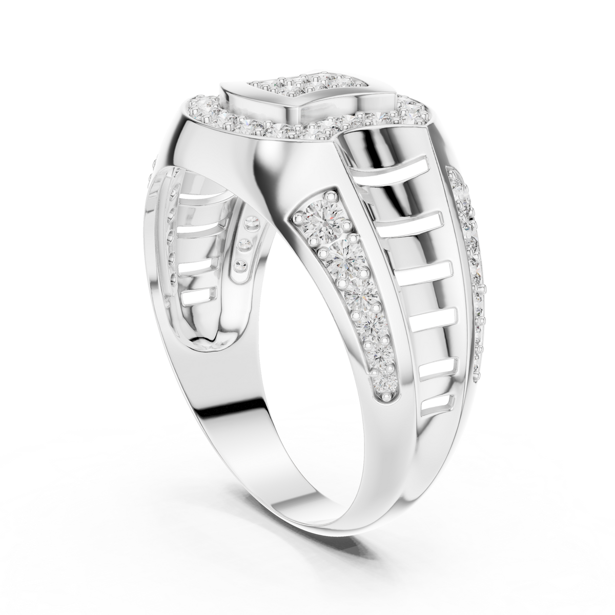 Round Cut Moissanite Diamond Men's Geometric Double Pave Crest Engagement Ring - View 9
