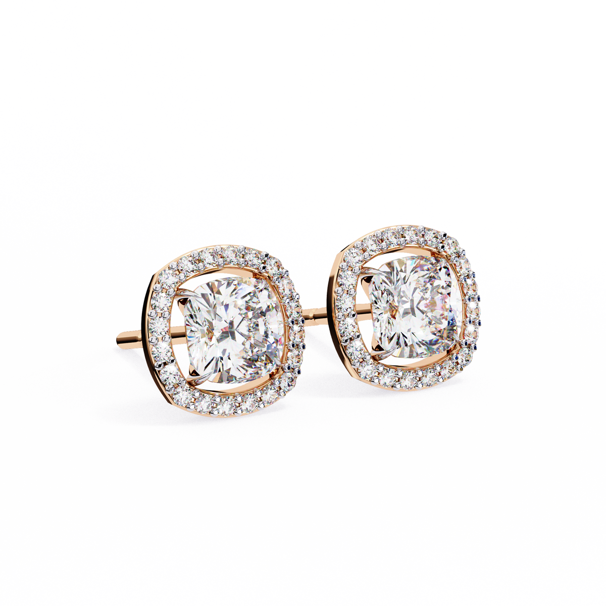 Exquisite Lab Grown Cushion Halo Stud Earrings Featuring Round Brilliant Center Stones - View 3