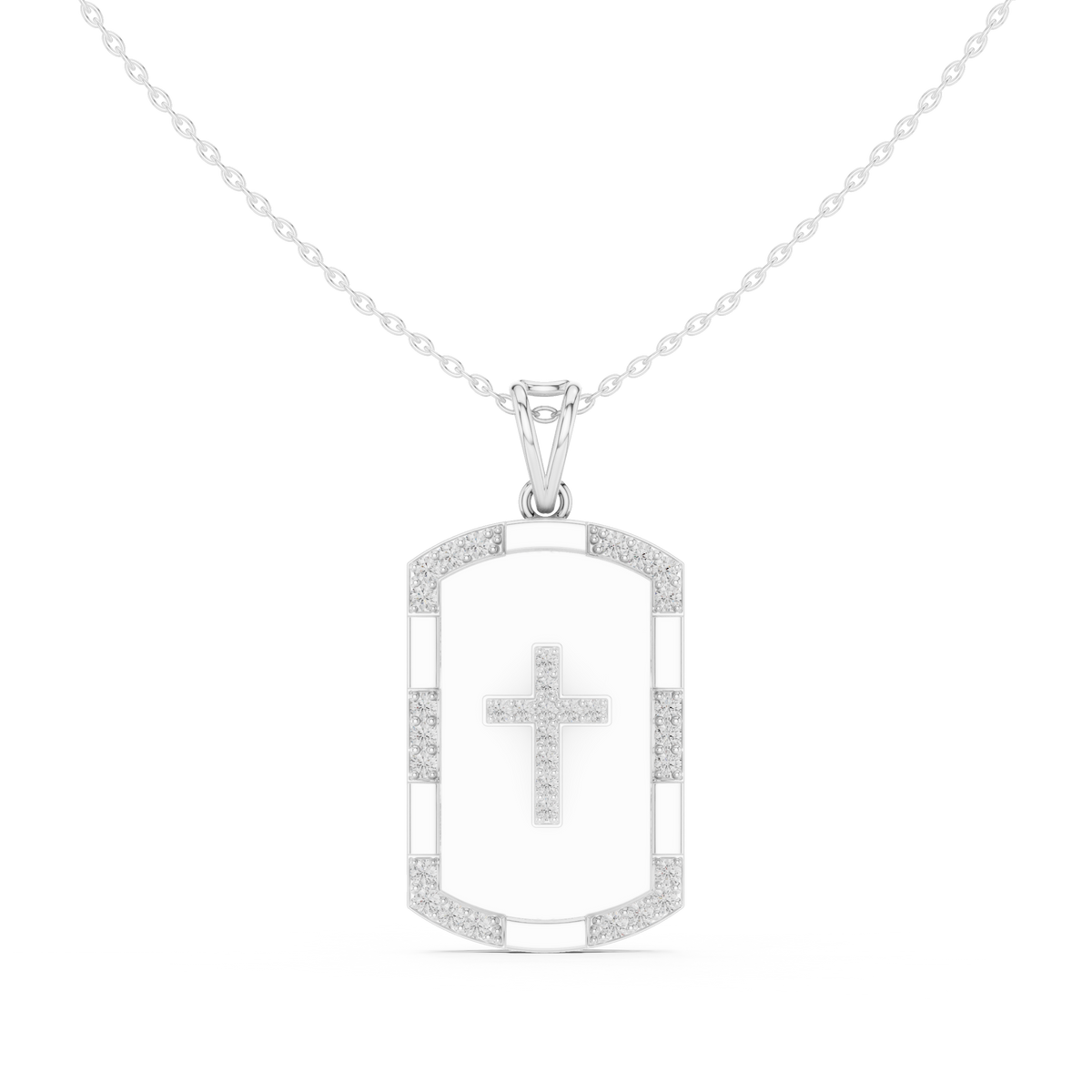 Round Moissanite Diamond Cross Tag Pendant with Enamel Border - View 3