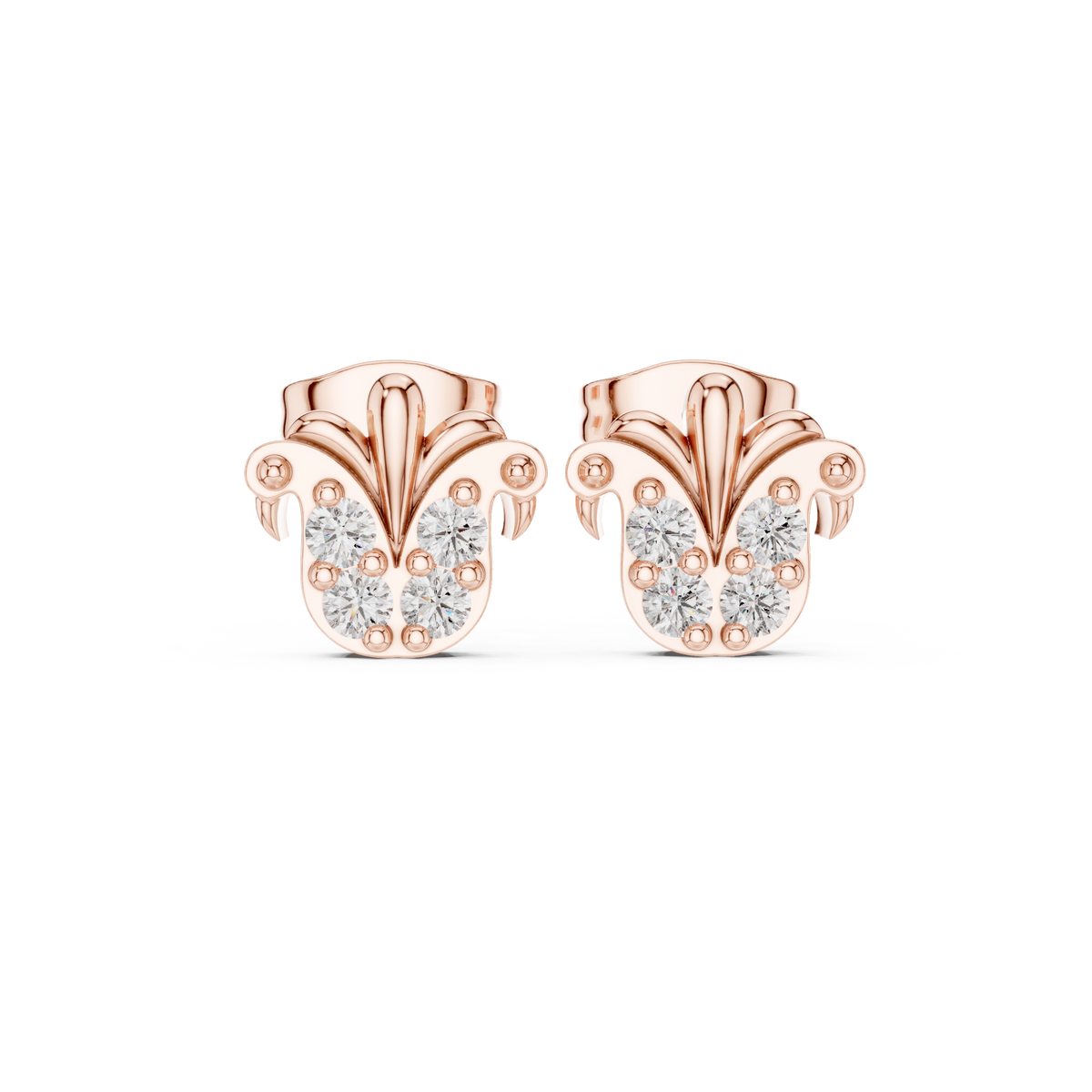 Regal Quartet Round Moissanite Diamond Stud Earrings with Sculpted Crest Design - View 2