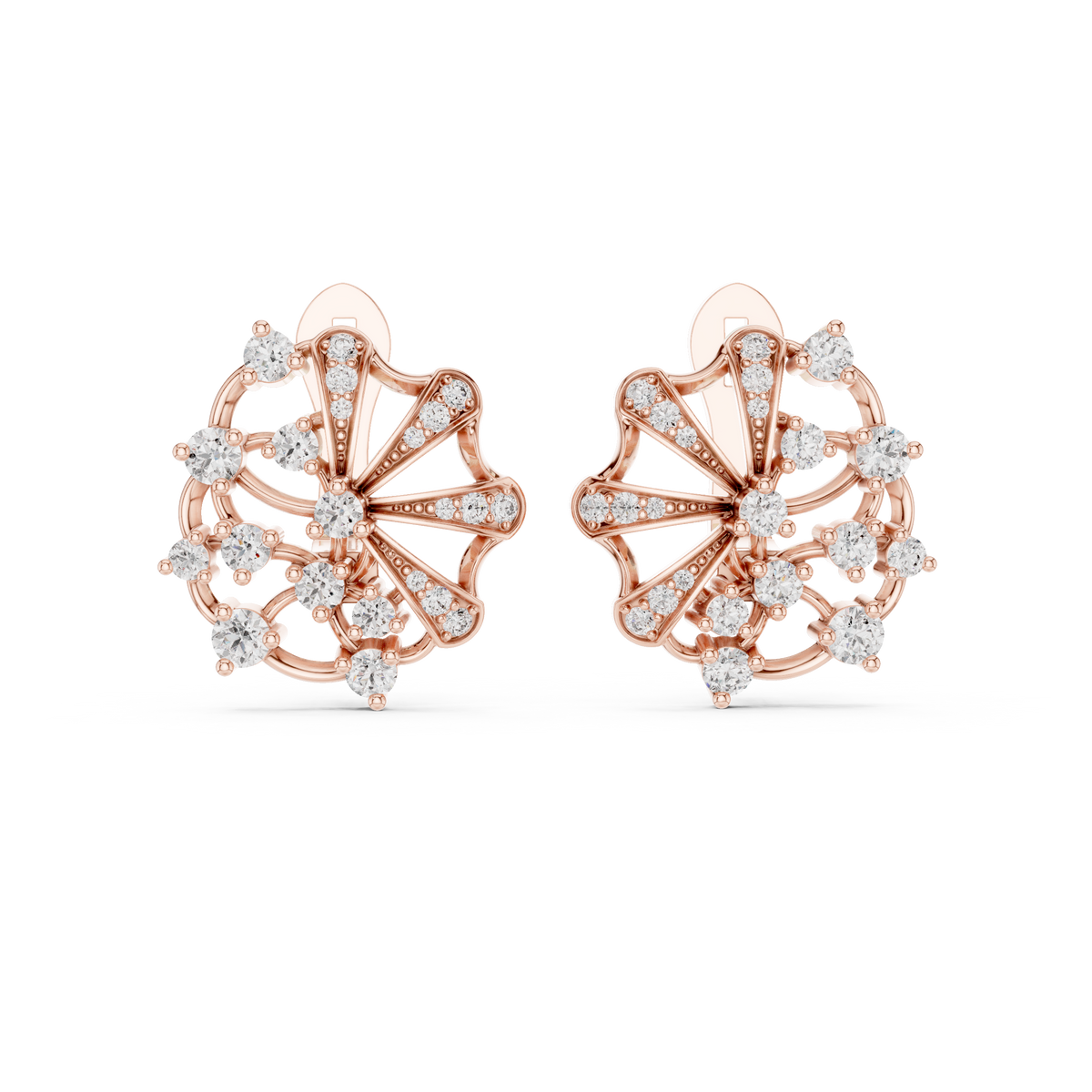 Floral Arc Round Moissanite Diamond Geometric Flared Wheel Cluster Earrings - View 2