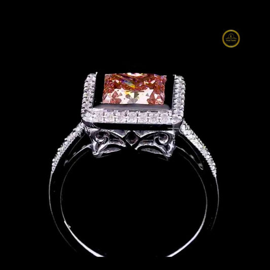 Fancy Vivid Brown Princess Lab Diamond Ring Halo Pave Band - View 2