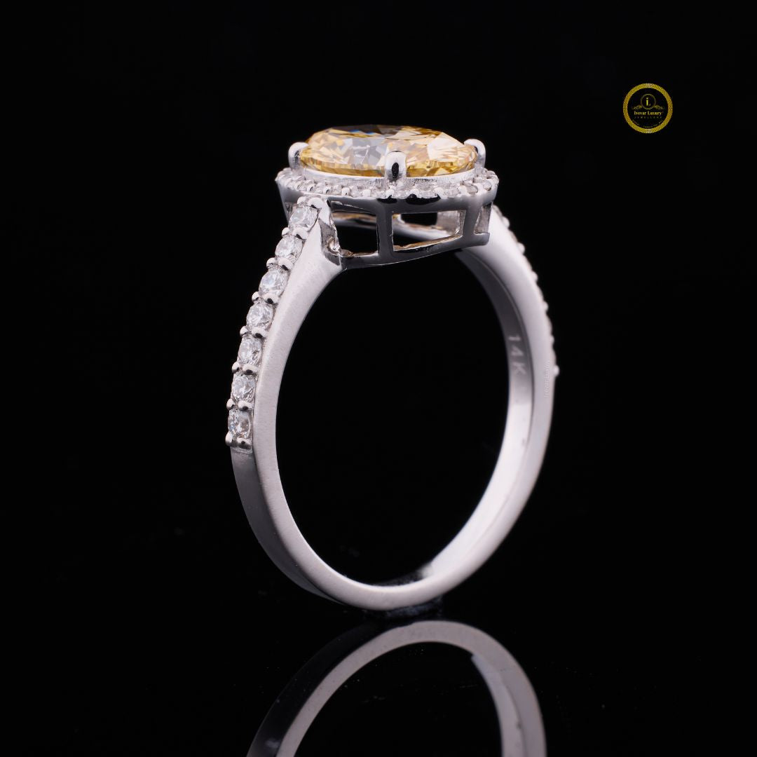 Fancy Vivid Yellow Oval Moissanite Diamond Halo Anniversary Ring With Pave Setting - View 2