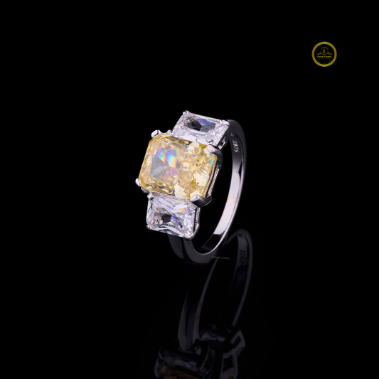Fancy Vivid Yellow Radiant Moissanite Diamond Three Stone Engagement Ring - View 2