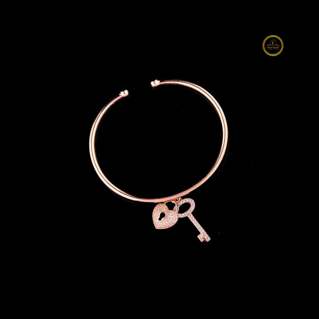Round Moissanite Diamond Heart Lock Key Charms Open Torque Bangle Bracelet - View 4