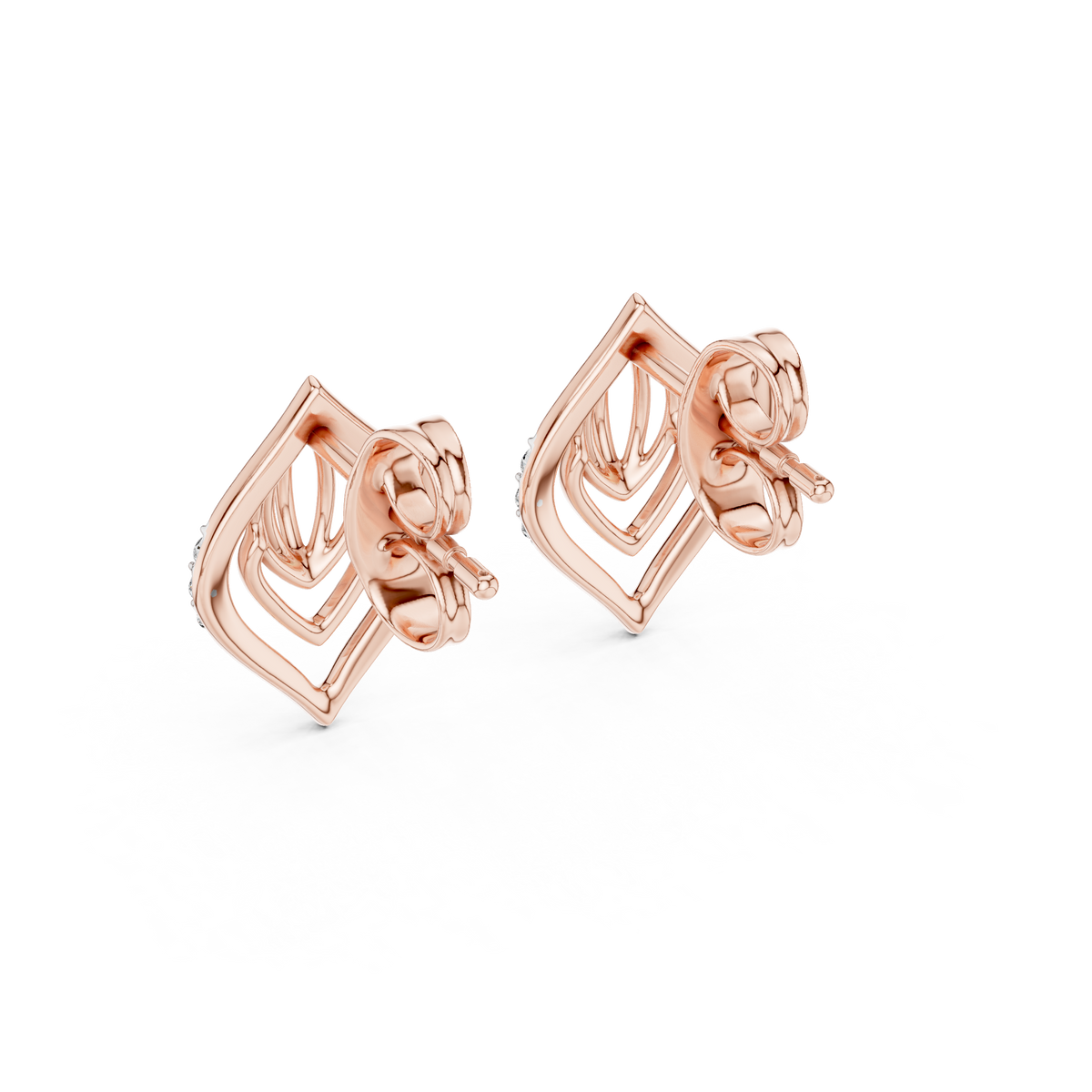 Layered Leaf Round Lab Diamond Geometric Stud Earrings with Pavé Detail - View 11